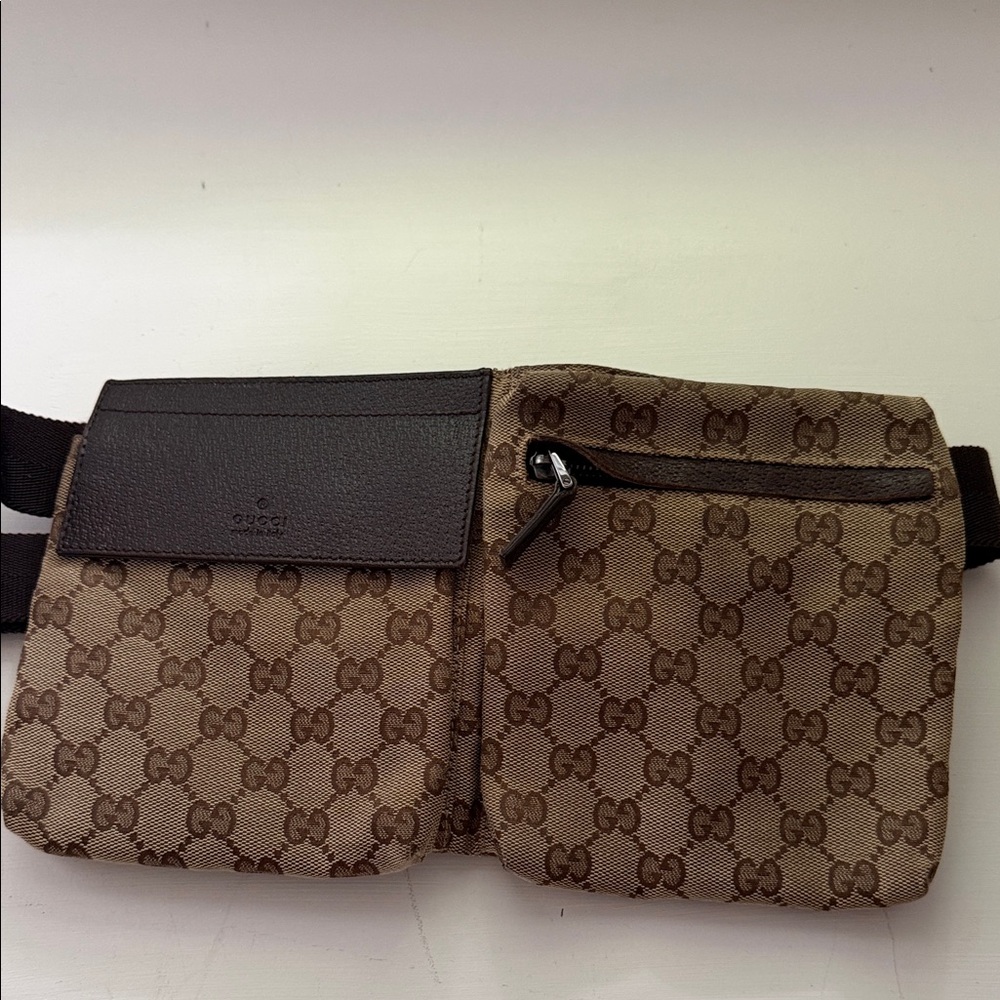 Gucci Brown GG Canvas Belt Bag with Dark Brown Leather Trim
